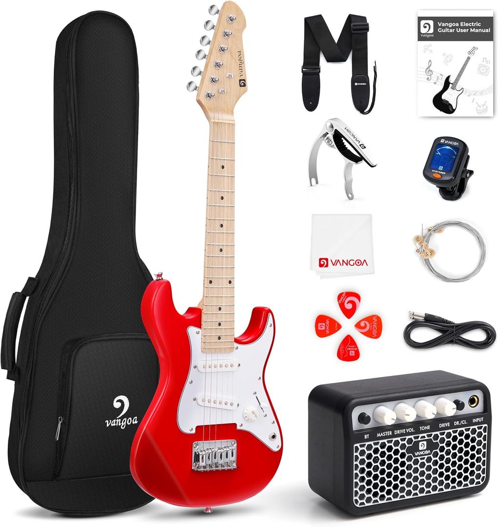 Vangoa 30 Inch Electric Guitar, Small Electric Guitar Starter Kit for Beginners with Digital Tuner, Capo, Strap, Strings, Cable, Picks, Wrenches Musical Electric Guitar Suitable for All Ages - Red