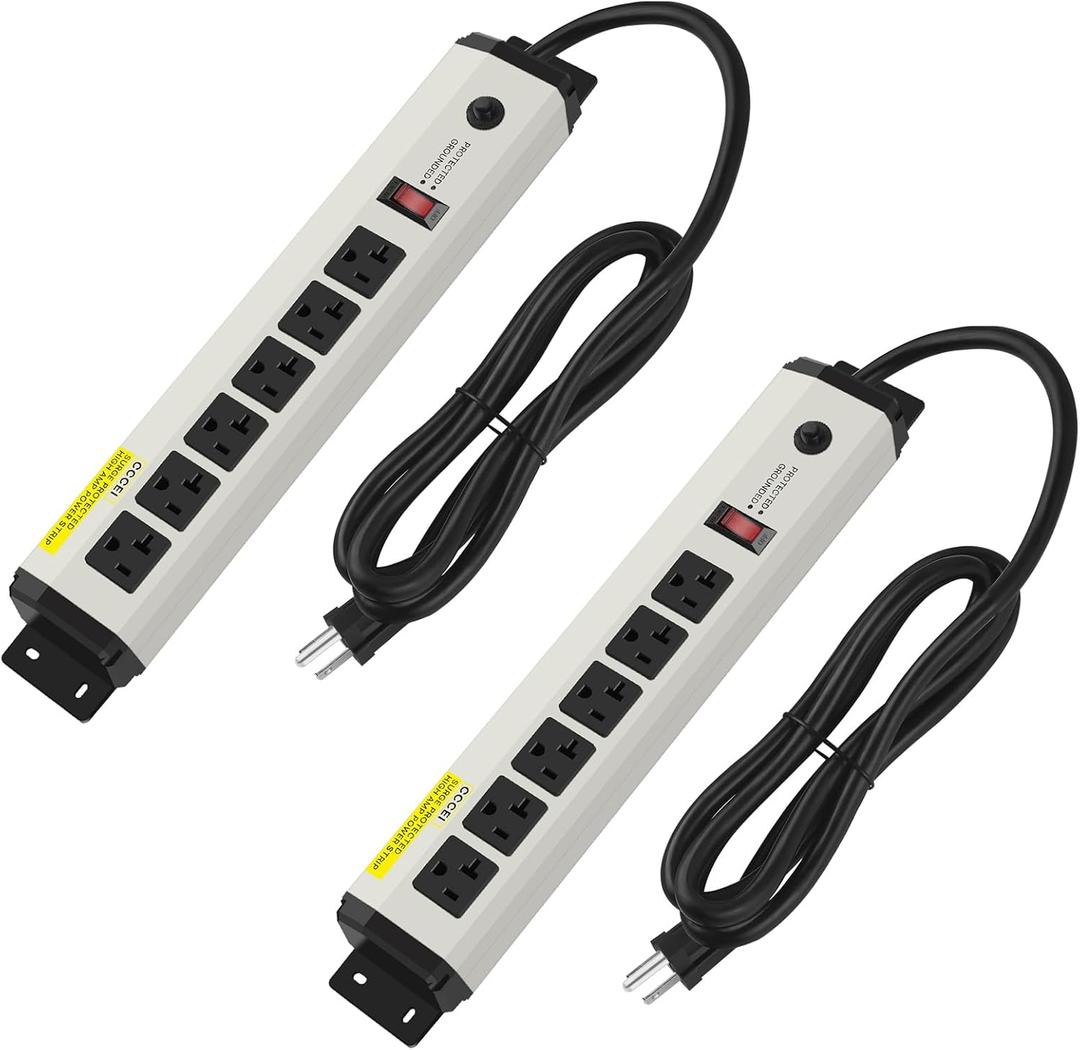 CCCEI 2 of 12 Gauge Heavy Duty Power Strip Surge Protector 4800J, 20 Amp 6 Plug Industrial Shop Garage Metal Multiple Outlet, 4FT Extension Cord 5-15P Adapter High Amp 6-20R T-Slot 20a for Appliance.
