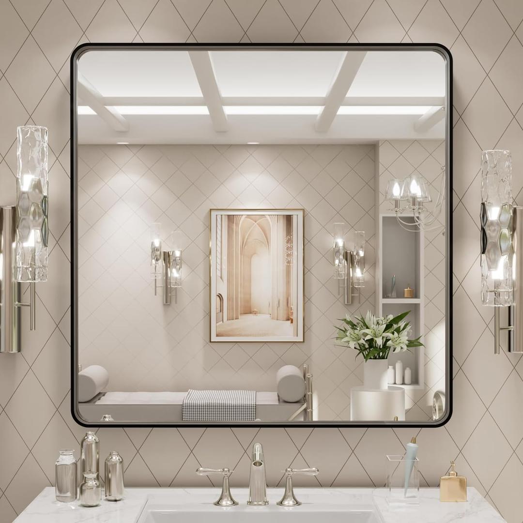 LOAAO 30x30 Inch Black Metal Framed Bathroom Mirror for Wall, Matte Black Bathroom Vanity Mirror Farmhouse, Large Rounded Rectangle Mirror, Anti-Rust, Hangs Horizontally or Vertically
