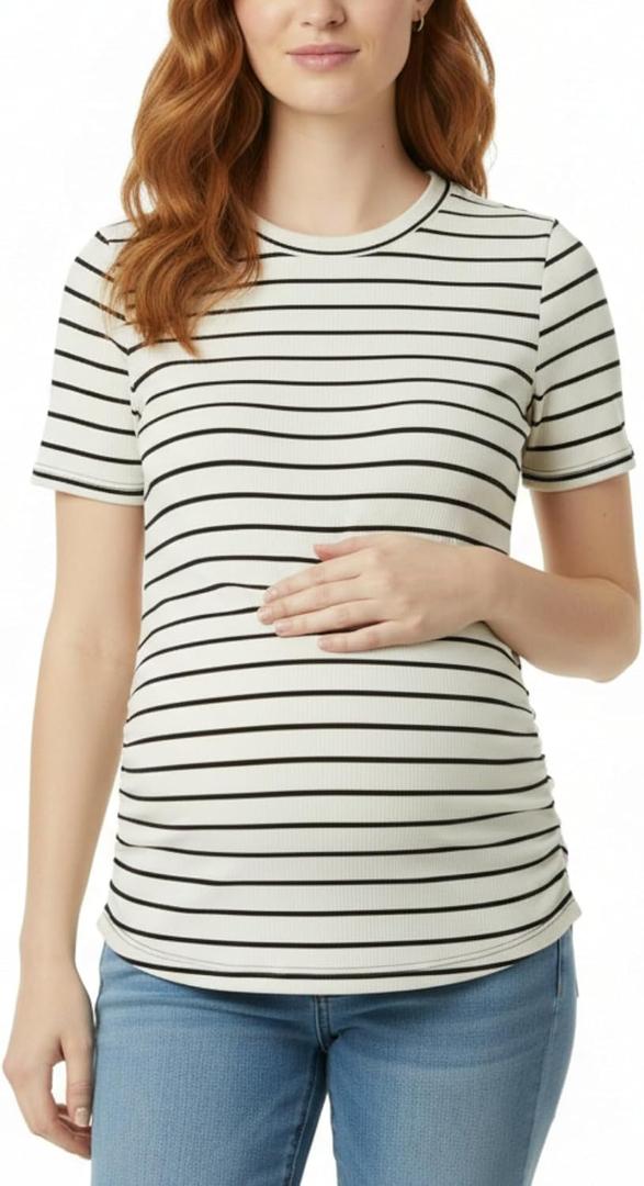 Motherhood Maternity Women's Short Sleeve Crew Neck Side Ruching Pregnancy Tee Shirt (Beige, M)