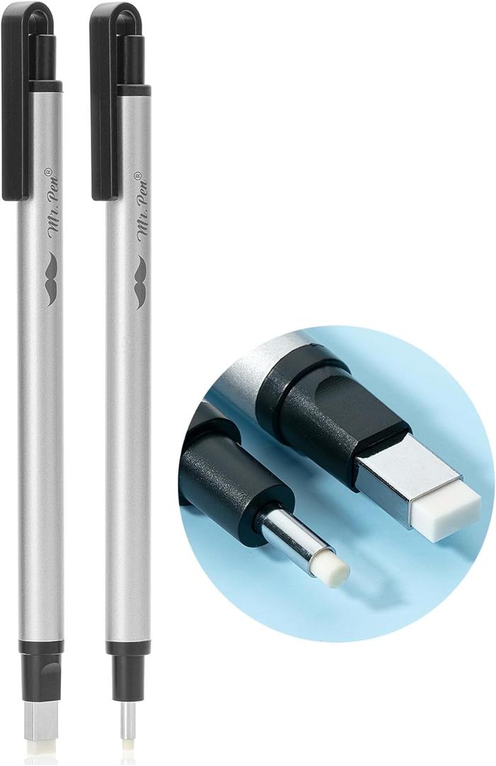 Mr. Pen- Pen Style Eraser Set, 2 Pack, Square & Round Tip, Precision Pencil Erasers, Retractable Silver Eraser Pens for Drawing, Sketching, Detail Correction, Office & School Supplies