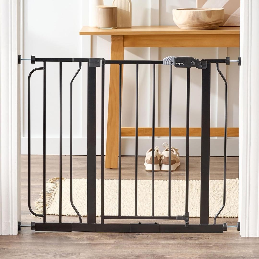 Regalo Safety 29-38.5" Baby Gate for Doorways & Bottom of Stairs, Pressure Mounted Baby Gate with Door for Babies, Toddlers & Pets, Tested & Safe for 30 Years, American Designed, American Owned, Black