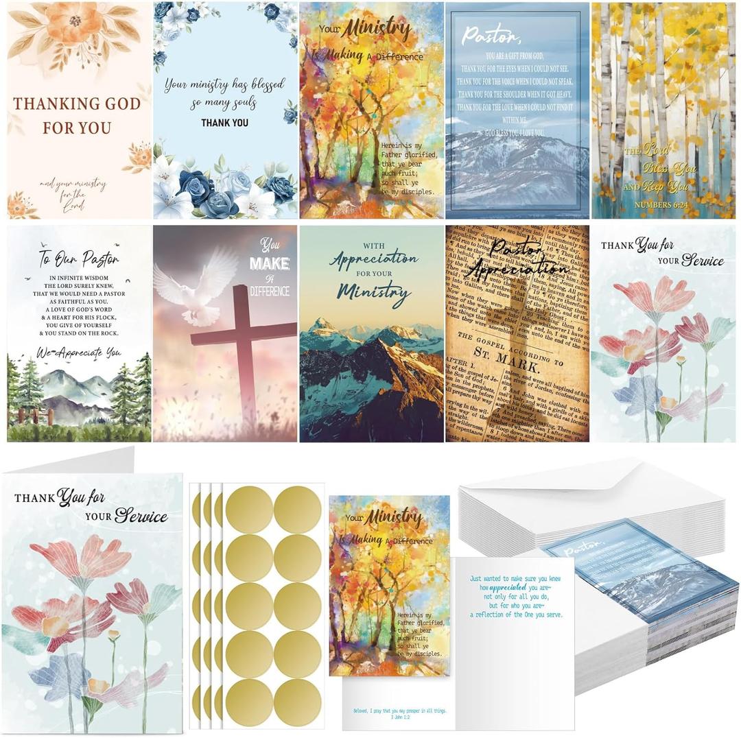 50 Pack Christian Ministry Appreciation Cards Bulk Religious Thank You Greeting Cards with Envelopes Stickers Scripture Bible Verse Notes for Pastor Minister Church Staff Volunteer Gift