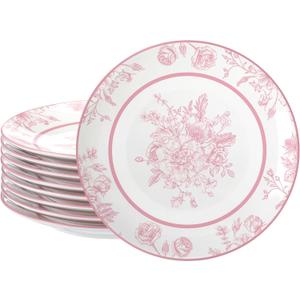 Jinei 8 Pcs Pink Floral Salad Plates Dinnerware Set Chinoiserie Ceramic Round Dessert Serving Plates 8 Inch Dinner Serving Tableware for Kitchen, Microwave Oven Dishwasher Safe