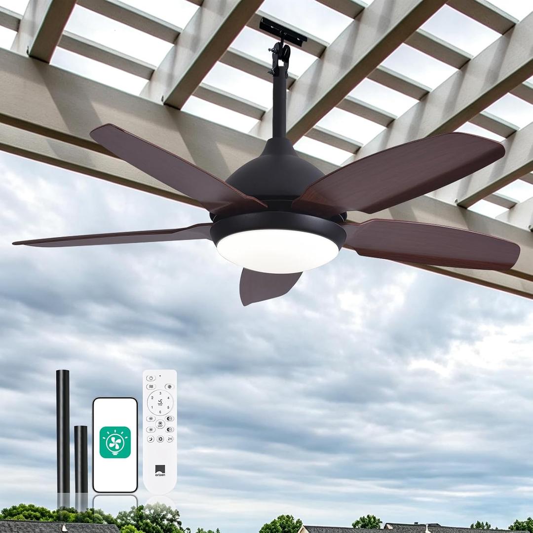 Orison 42" Plug-in Outdoor Ceiling Fan with Light, 5-Blade Hanging Patio Fan for Gazebo Porch, IP44 Waterproof, Quiet DC Motor, 6-Speed, App & Remote Control, Dimmable LED, Reversible, Wood