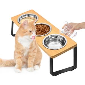 Raised Cat Food Water Bowl，Small Dog 15 ° Tilted Elevated Food Feeding Tray with Three Stainless Steel Bowls to Protect The Spine of Cats and Dogs from Vomiting (Wood Color) (3 Bowls)