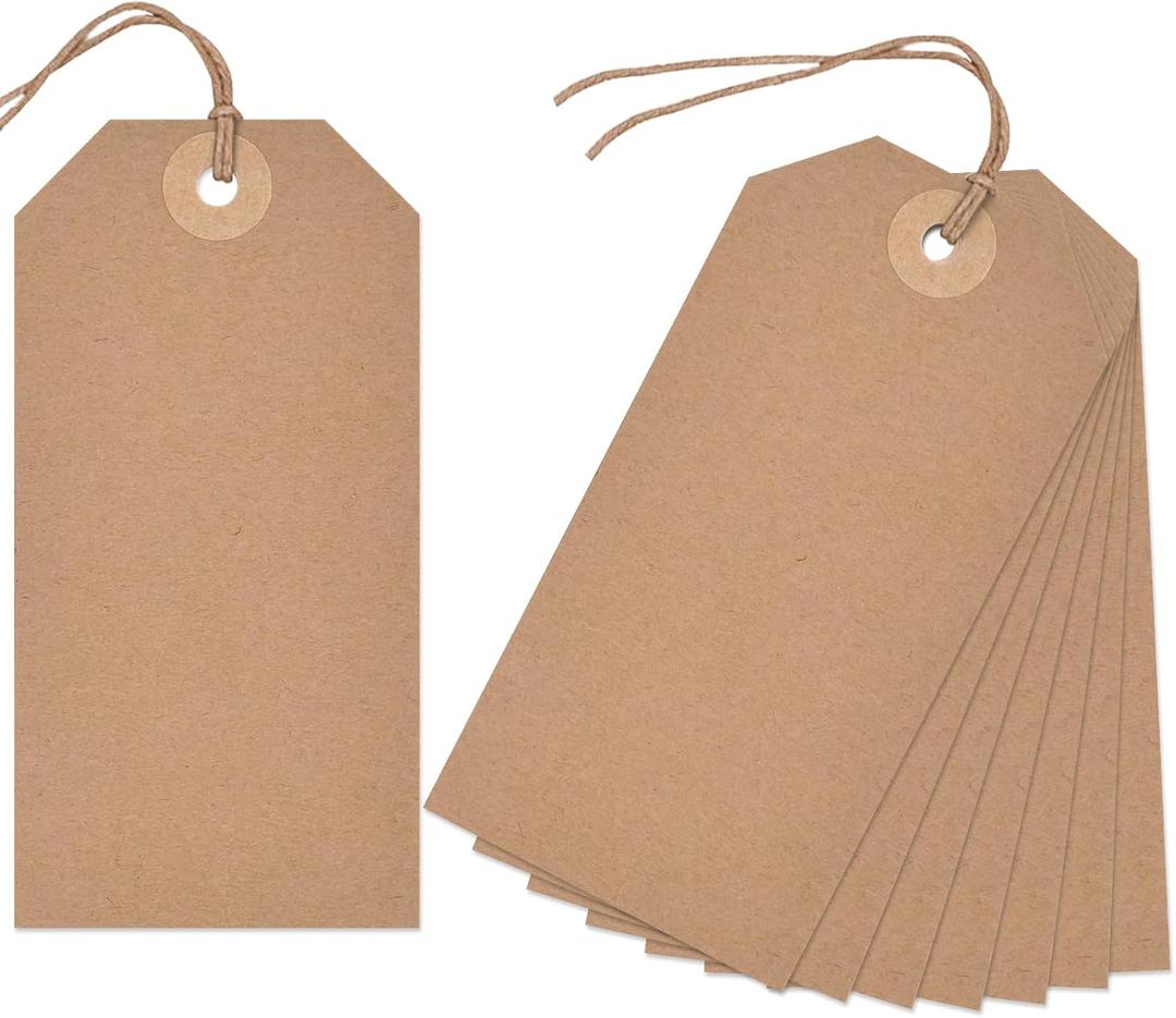 VGOODALL Blank Shipping Tags with Wire, 120 PCS Manila Hang Tags, Blank Pricing Paper Label for Garage Sales, Inventory Machinery, Luggage, Gift Label (4.75"x2.37", Brown)
