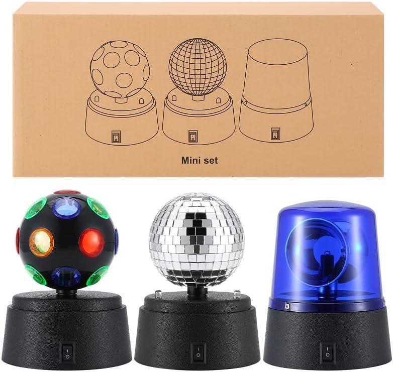 4.5” Disco Ball, Strobe lights, police light 3 in 1 glow in the dark party supplies. Battery operated party decorations, 360° Rotating stage lights, dj lights, mini disco car lights for disco parties.