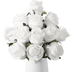 12pcs Off White Roses Artificial Flowers, Realistic Silk Velvet Fake Flowers with Long Stems for Valentines Day Wedding Bouquets Home Decoration Party & DIY Floral Arrangements (Off White)