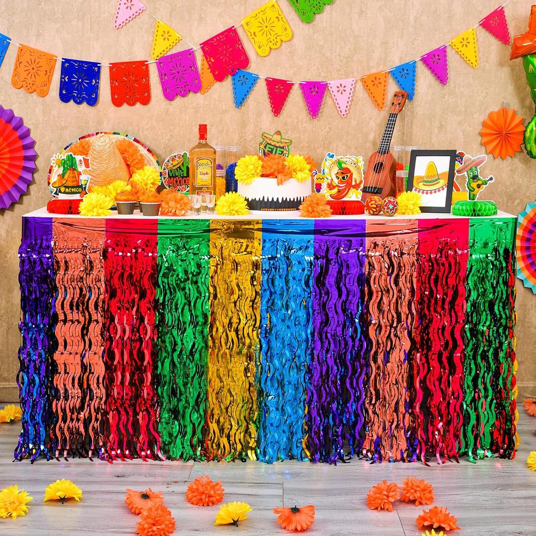 Mega-L Fiesta Party Decorations, 4 Pack Taco Wavy Metallic Tinsel Foil Fringe Table Skirts, Mexican Themed Cinco de Mayo Day of The Dead Decorations Dia De Los Muertos Birthday Party Table Decor