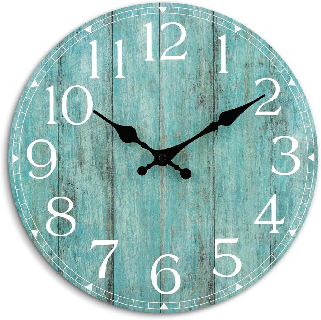 Wall Clock, Teal Silent Non-Ticking Battery Operated, Kitchen Rustic Vintage Decorative Aqua Clocks for Bathroom Bedroom Living Room Office 8 Inch