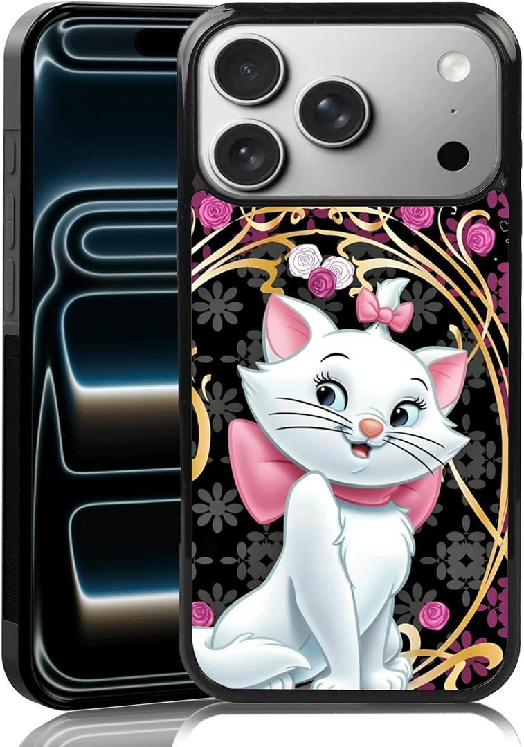 Graceful Marie Cat Phone Case Compatible with iPhone 17 Pro Max Golden Lace iPhone Case Shockproof Fuchsia Pink Roses Phone Cover Gift for Boy Girl Men Women