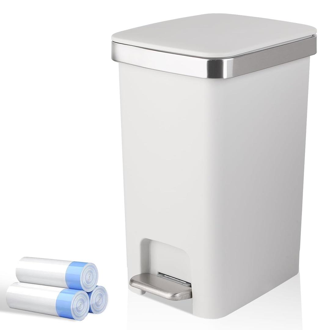 Small Bathroom Trash Can with Lid and 3 Rolls Trash Bags, Step Pedal Wastebasket Plastic Garbage Can with Pop-Up Lid 2.6 Gallon Bin for Kitchen, Bedroom, Office, Dorm, Laundry, Toilet, Rv, White