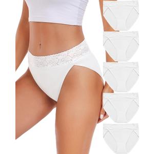 RHYFF Womens Underwear Cotton Bikini Panties High Cut Lace Panty Stretch Hipster Underpants Ladies Briefs, XL (White)