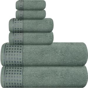 GLAMBURG 100% Cotton Ultra Soft 6 Pack Towel Set, Contains 2 Bath Towels 28x55 Inches, 2 Hand Towels 16x24 Inches & 2 Wash Coths 12x12 Inches, Compact Absorbent Lightweight & Quickdry - Jade
