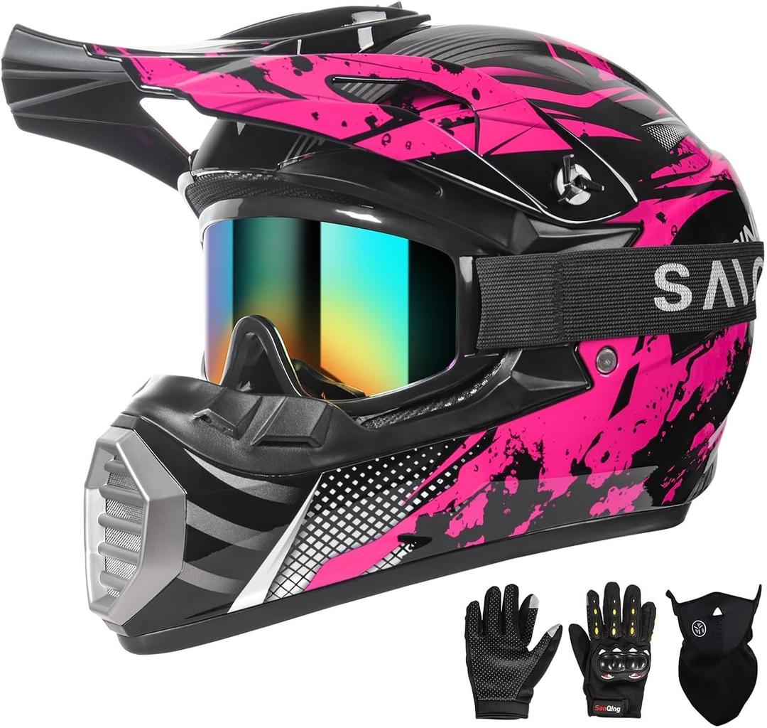 Youth Kids Motocross Helmet, ATV Dirt Bike Helmet, Off-Road BMX 4-Wheeler Full Face Motorcycle Helmet W/Goggles Gloves & Mask, DOT Approved (Colorful, X-Small)