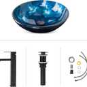 Bathroom Artistic Vessel Sink, Tempered Glass Vanity Round Bowl with Oil Rubber Bronze Faucet and Pop up drain Set, Ocean Blue, 16.5 x 5.5 inches