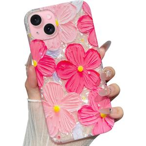 for iPhone 15 Plus Case Flowers Women Girly Aesthetic Sparkle Translucent Cute Floral With Phone Strap Charms Wristlet Oil Painting Shockproof Protective Phone Cases for iPhone 15 Plus Hot Pink