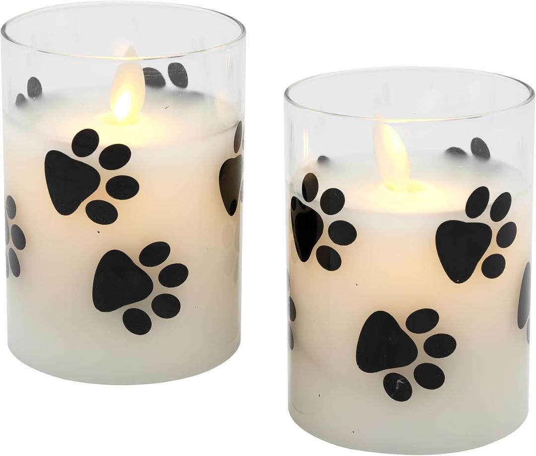 LumaBase Battery Operated LED Glass Candles with 3D Wick Flame, Paw Print - Set of 2 LumaBase Battery Operated LED Glass Candles with 3D Wick Flame, Paw Print - Set of 2