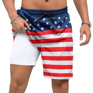 Adisputent Mens Swim Trunks with Compression Liner Quick Dry Swimsuit with Zipper Pockets Bathing Suit Beach Swim Shorts (X-Large, American Flag)