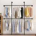 Industrial Pipe Clothing Rack Wall Mount, Black Pipe Clothes Rack with 6 Hanging Rods, Heavy Duty Pipe Clothing Rack for Laundry Room, Closet Systems for Walk in Closets (6rod-79"W)