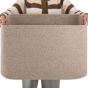 OIAHOMY XXLarge Rectangle Blanket Basket-96L, Cotton Woven Basket for Storage, Dirty Clothes Basket for Living Room, Nursery, Bedroom, Toy Organizing with Handle, 24" x 16" x 15", Brown Variegated
