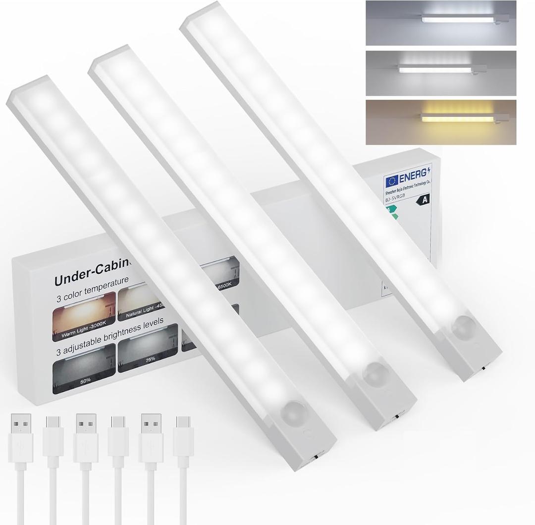 Under Cabinet Lighting 12 Inch 3-Pack, Rechargeable Motion Sensor Light Indoor, Dimmable 3 Color Temps Closet Lights Battery Operated, Stick Wireless Under Counter Lights for Kitchen, Stairs