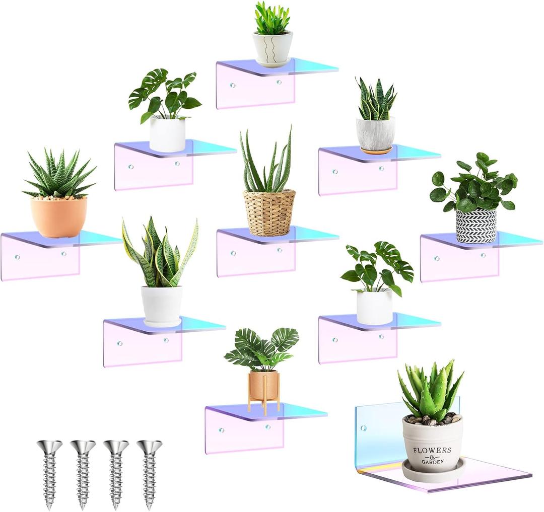 Yalikop 10 Pieces Small Floating Shelves for Wall 4'' Acrylic Mini Wall Shelf Acrylic Display Shelf Clear Hanging Shelves Room Decor for Bedroom, Bathroom, Living Room, Office (Rainbow Color)