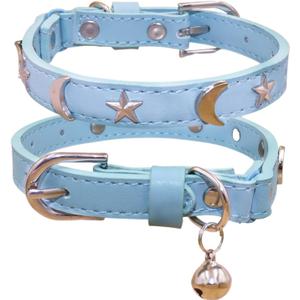 Leather Cat Collars with Bell and Safety Elastic Belt Moon and Stars Stud Adjustable for Cats and Kitten Girl boy Size 7.5-10 Inch (Light Blue)