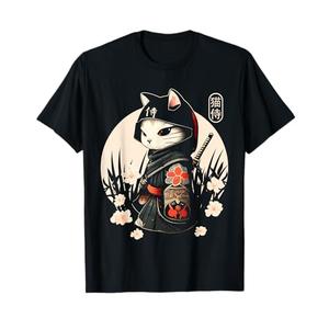 Japanese Samurai Cat Tattoo, Kawaii Ninja Cat T-Shirt, Large