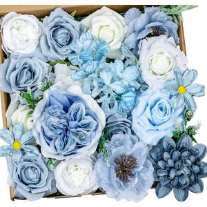 Dusty Blue Artificial Flowers Combo, Baby Blue Wedding Flowers Fake Floral Bulk Bouquets, Light Blue Flowers, Silk Rose Flowers for Wedding Bridal Shower Table Centerpieces & Home Party Decor