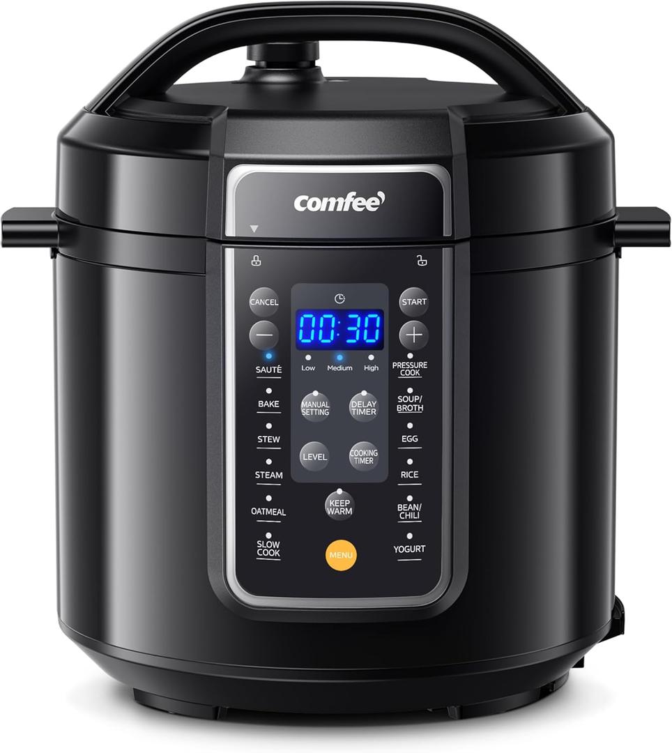 COMFEE 12-in-1 Electric Pressure Cooker, Instant Multi, Non-Stick Pot, Yogurt Maker, Rice Cooker, Slow, Sauté Steamer, Pressure Cooker 6 Quart Black