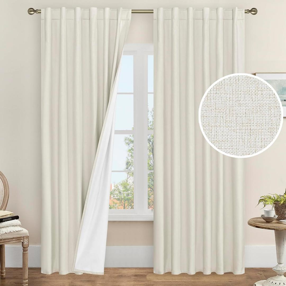 LAMIT 100% Blackout Curtains for Bedroom, 90 Inch Linen Textured Thermal Insulated Living Room Curtains Back Tab and Rod Pocket Farmhouse Neutral Panels with White Liner, 2 Panels, 52 x 90 Inch, Ivory (52"W x 90"L (Pack of 2))