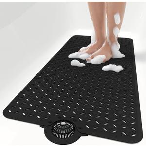 OTHWAY Bath Mat for Tub Non Slip: 39" X 17" Long Bathtub Mat with Hair CatcherBig Drain Holes Shower Mats for Inside ShowerMachine Washable (Black)