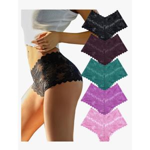 FINETOO Sexy Underwear for Women V-Waist Shorts Women' s Underwear Lightweight Soft Lace High Waist Panties 5 Pack M