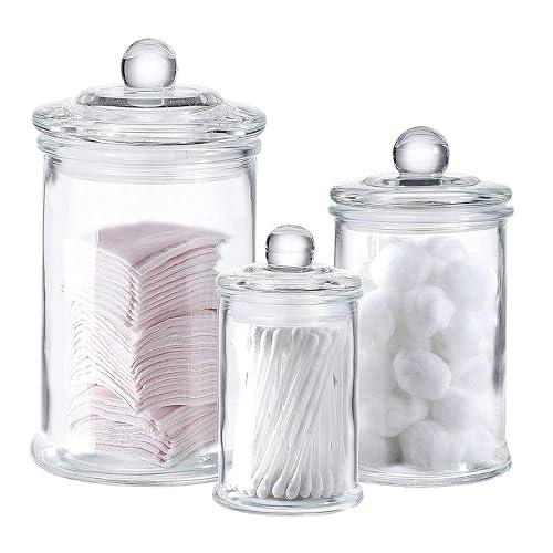 Whole Housewares - Set of 3 Bathroom Canisters - Storage Container Jars - Premium Glass Apothecary Jars with Lids - Small Glass Jar for Kitchen or Bathroom Storage - Decorative Crystal Containers