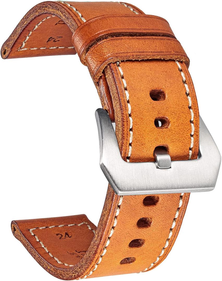 Hemsut Genuine Leather Watch Band, Retro Vintage 20 22 24 26mm Handmade Replacement Leather Watch Strap for Men and Women (Orange)