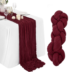 Socomi 3pcs Burgundy Red Valentine's Day Cheesecloth Table Runner Boho Rustic Gauze 120 inch 10FT Cheese Cloth Runner for Wedding Party Baby Shower Birthday Home Decor Holiday Decorations
