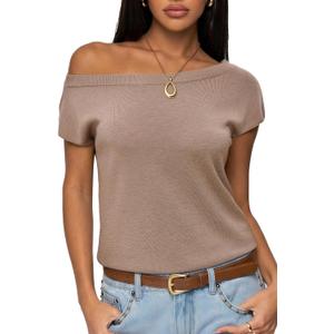 SUUKSESS Women Silk Cashmere Blend Off The Shoulder Tops Summer Lightweight Knit Trendy Sweaters Loose Fit Shirts (Small, 05 Khaki)