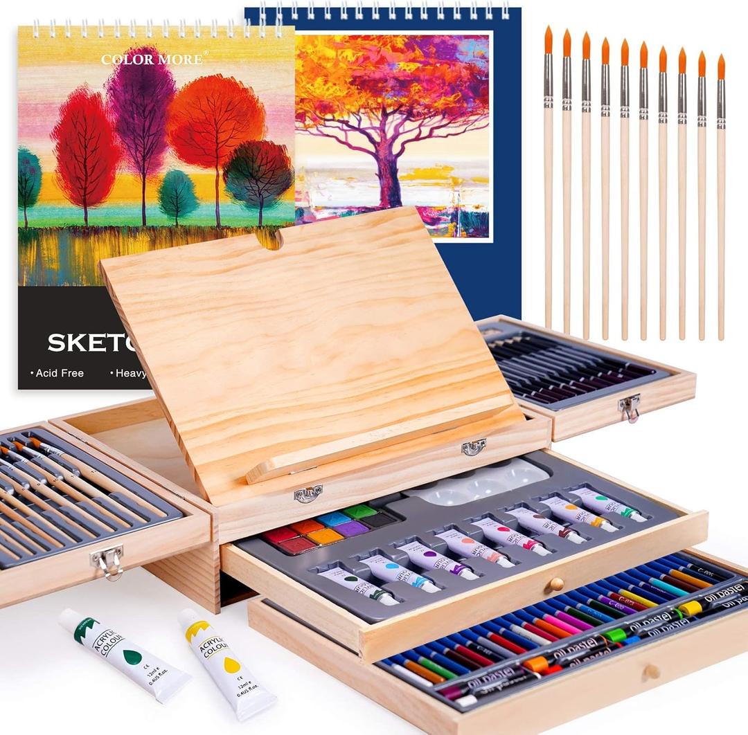 Color More 85 Piece Deluxe Wooden Art Supplies, Art Kit with Easel, Sketching Pencils, Artist Brushes and Acrylic Pad, Art Set for Teens, Adults and Artist Beginners, Creative Gift with Wooden Case