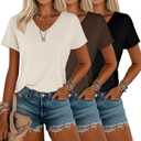Riyiper 3 Pcs Women's T Shirts V Neck Summer Trendy Short Sleeve Tops Casual Loose Basic Straight Hem Tees (Black, Brown, Cream, S)