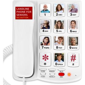 Big Button Phone for Seniors, Uvital Senior Landline Phones for Elderly with 10 One-Touch Dialing Big Buttons, Corded Landline Telephone with SOS Emergency Button, Replaceable Photo, Adjustable Volume (05-All White)