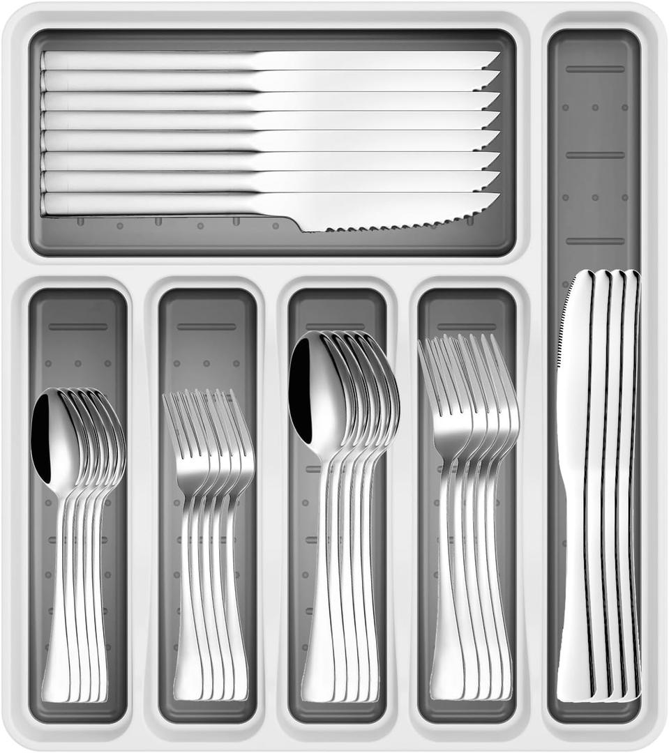 49-Piece Stainless Steel Silverware Set with Cutlery Organizer, Service for 8 with Steak Knives and Kitchen Utensils (White)