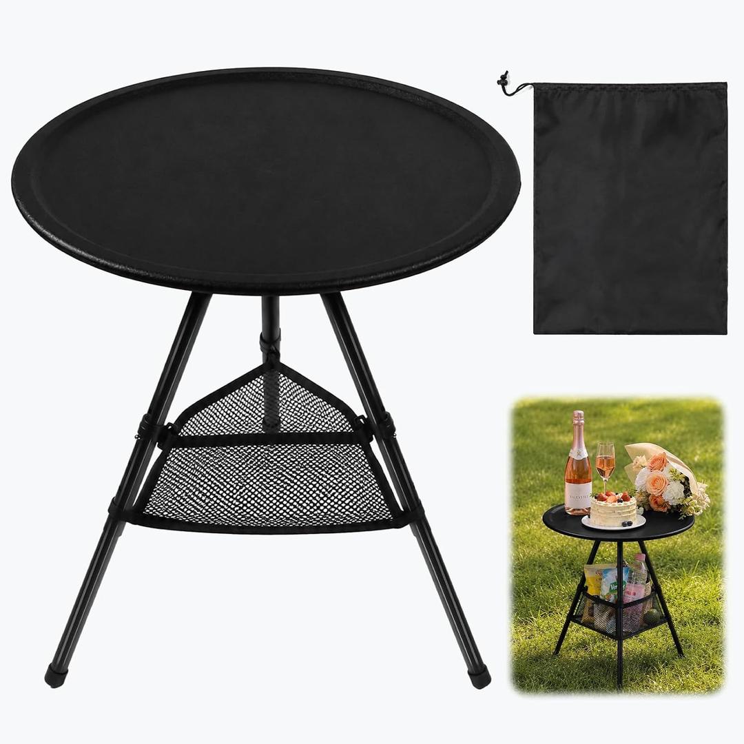 Portable Round Folding Camping Table, Adjustable Height Collapsible Triangular Side Table, Lightweight Mini Beach Table with Carry Bag for Picnic, Beach, Hiking, Backyard, Large