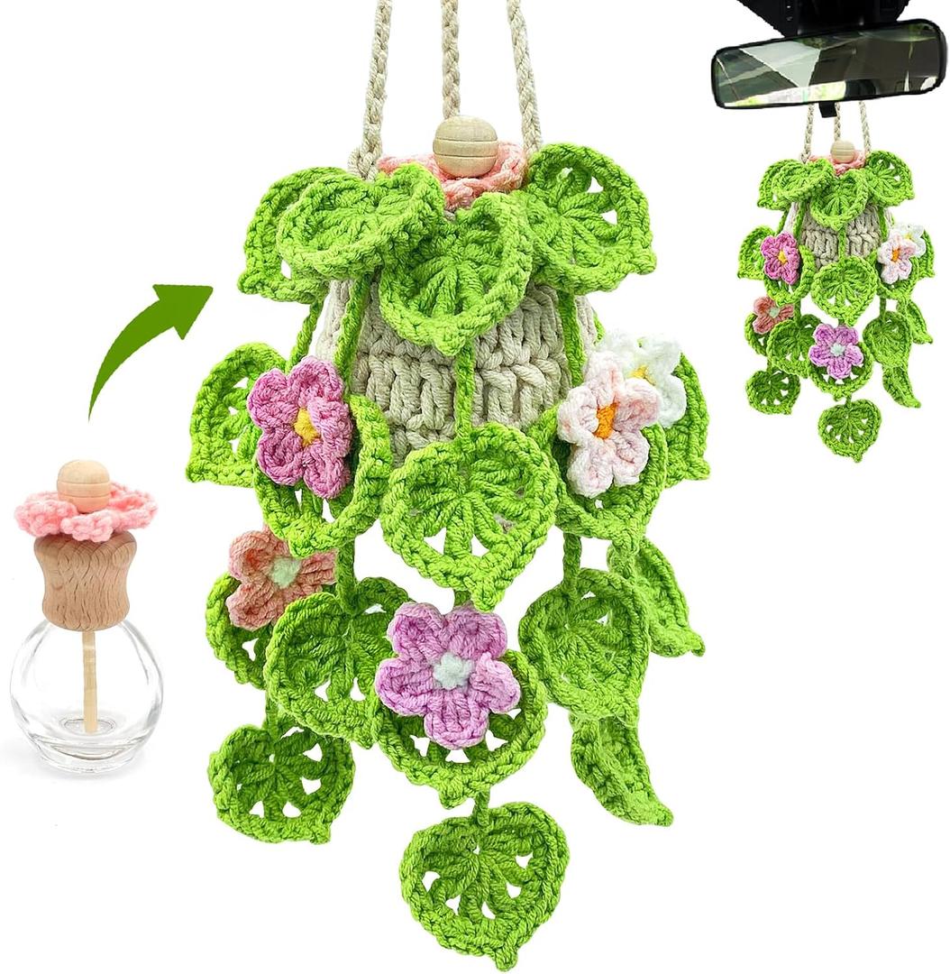 Crochet Car Air Freshener, 15ml Empty Refillable Oil Diffuser Bottle with Hanging Crochet Flowers Plant for Car Rearview Mirror Decor Air Freshener Diffuser for Home, and Office Decor(Flowers)