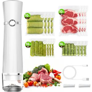 Vacuum Sealer for Food (Compact Vacuum Sealer Machine + 40 Reusable Vacuum Bags), Handheld Vacuum Food saver for 10X Preservation & Fresh, Powerful 80Kpa Portable Vacuum Sealer With 2 Seal Clips