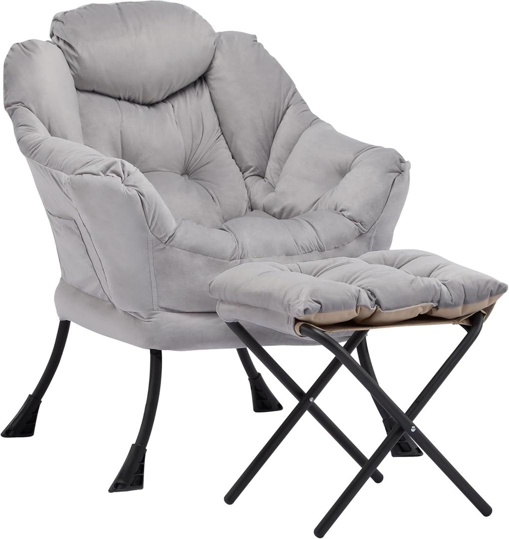 Lazy Chair with Ottoman, Comfy Accent Lounge Chair with Side Pocket, Modern Reading Armchair with Footrest, Upholstered Sofa Chair for Small Spaces, Bedroom, Living Room, Dorm, Grey