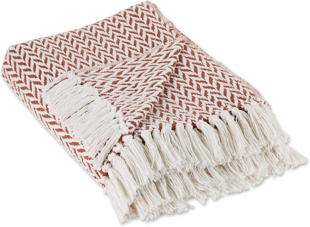 DII Modern Zig Zag Throw Blanket Woven Cotton, Hand-Knotted 2.5" Fringe, 50x60, Cinnamon