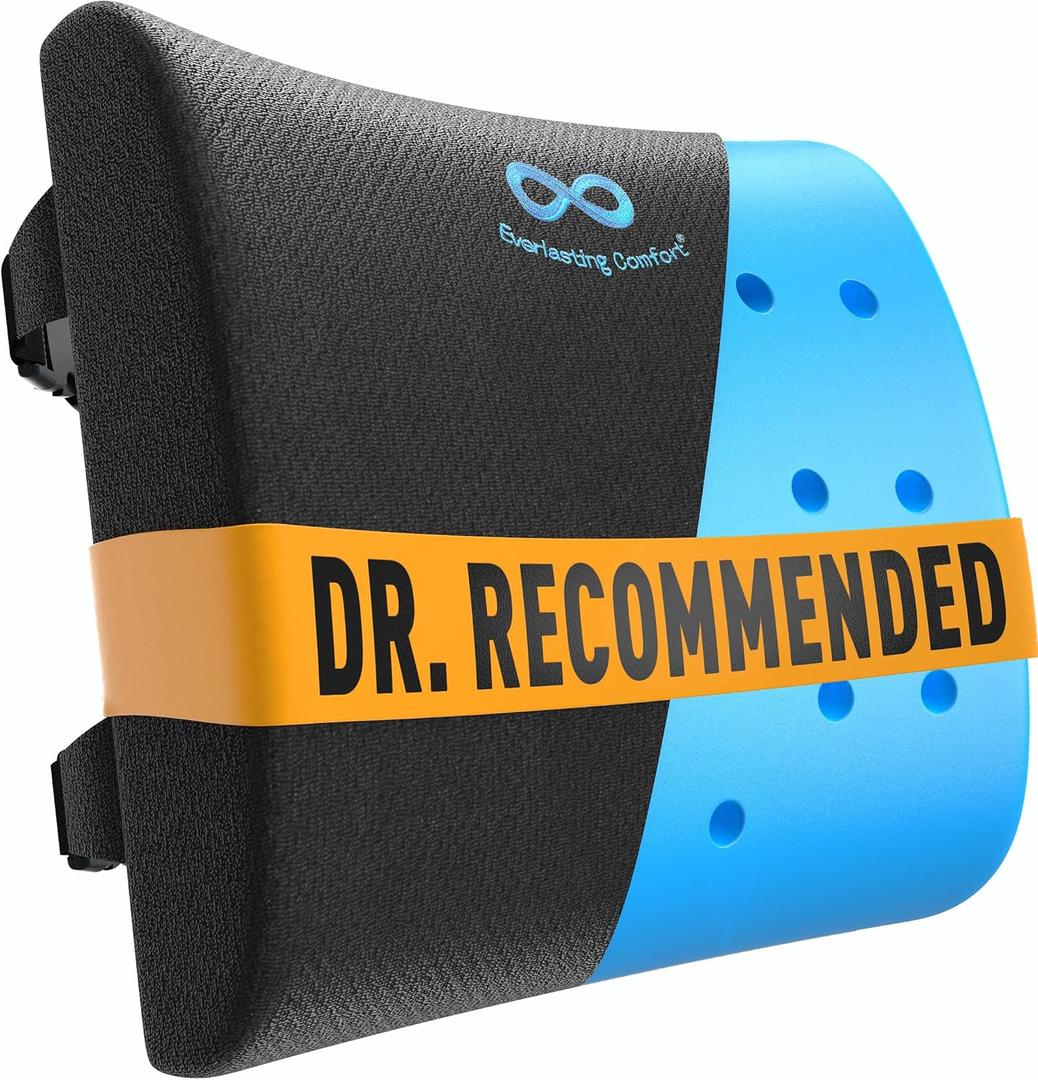 Everlasting Comfort Lumbar Support Pillow for Office Chair - Gel Infused Back Cushion for Chair, Car, Couch - Lumbar Pillow Promotes Better Posture, Back Pain Relief - Ideal for Gaming and Desk Chairs (Black Cooling)