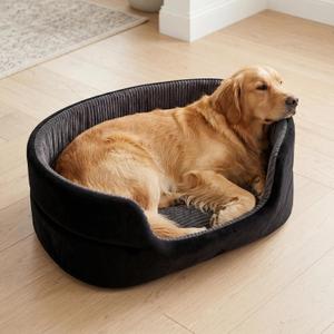 Large Dog Bed Cat Bed 20x30 Inch,Calming Pet Bed for Dogs & Cats,Machine Washable Dog Bed,Half-Enclosed Open-Top Velvet Anti-Anxiety Bed,Cozy Snuggle Bed (Black)